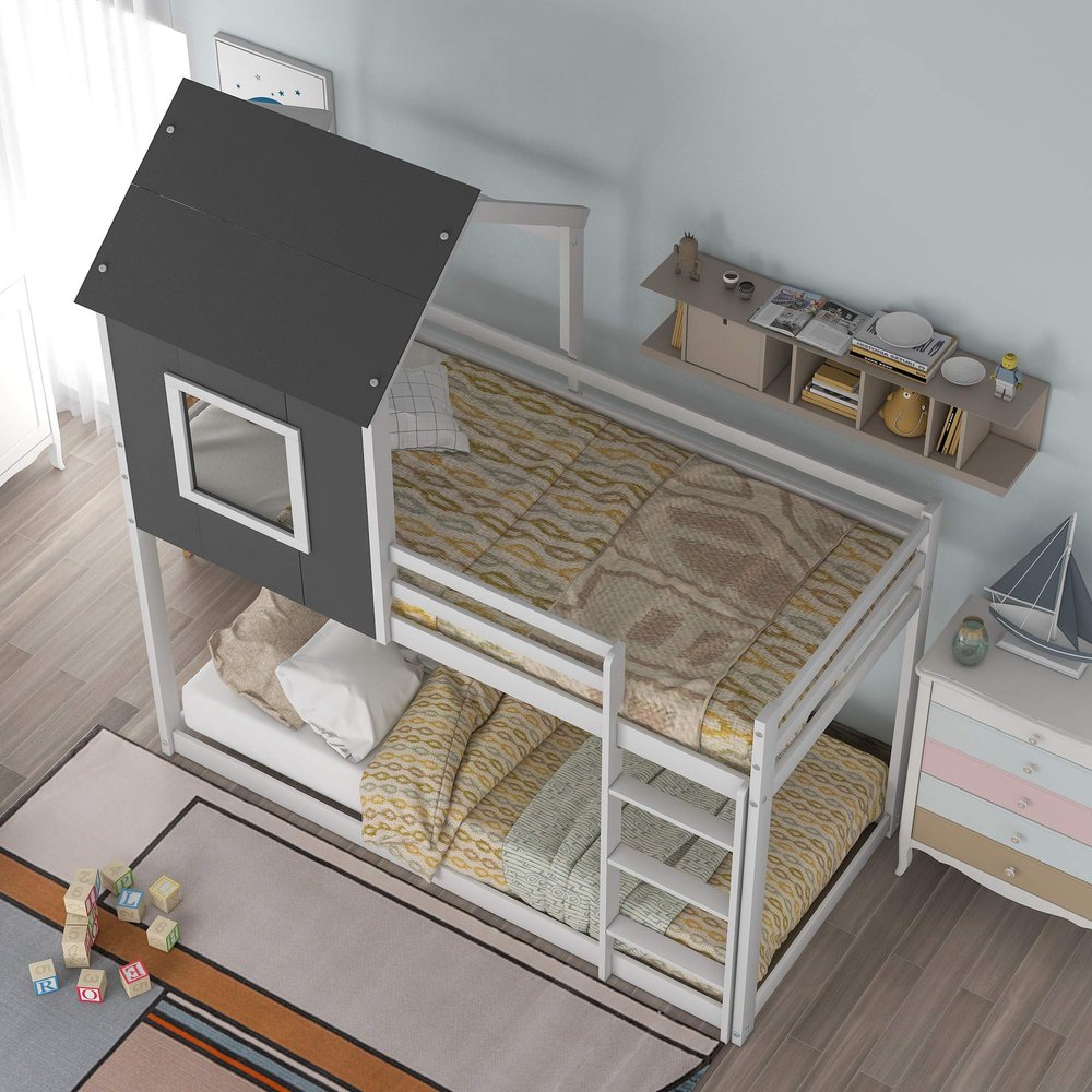 House Bed for Kids, Low Bunk Bed with Roof, Twin Over Twin Wood Bunk Beds with Roof/Window/Guard Rail/Ladder, Toddlers House Bed with Roof, No Box Spring Needed