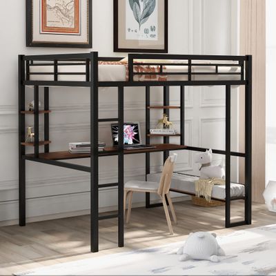 RUNNA Full Size Loft Bed with Long Desk and Shelves,Metal Loft Bed Frame with Full-Length guardrail and Built-in Ladder,for Kids/Teens/Adults,No Box Spring Needed