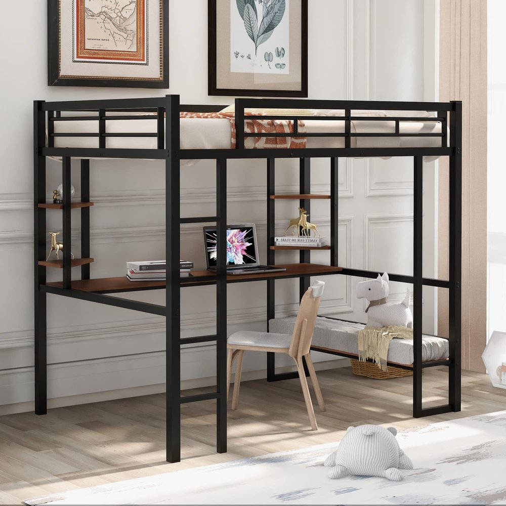 RUNNA Full Size Loft Bed with Long Desk and Shelves,Metal Loft Bed Frame with Full-Length guardrail and Built-in Ladder,for Kids/Teens/Adults,No Box Spring Needed