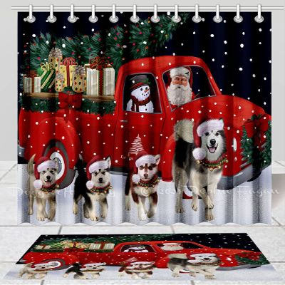 Christmas Express Delivery Red Truck Running Alaskan Malamute Dog Shower Curtain & Bath Mat Combo - Bathroom Decor Plush Rug Mat Polyester Bathtub Curtain Screens, BM 20''x 32'', SC 69"x84"