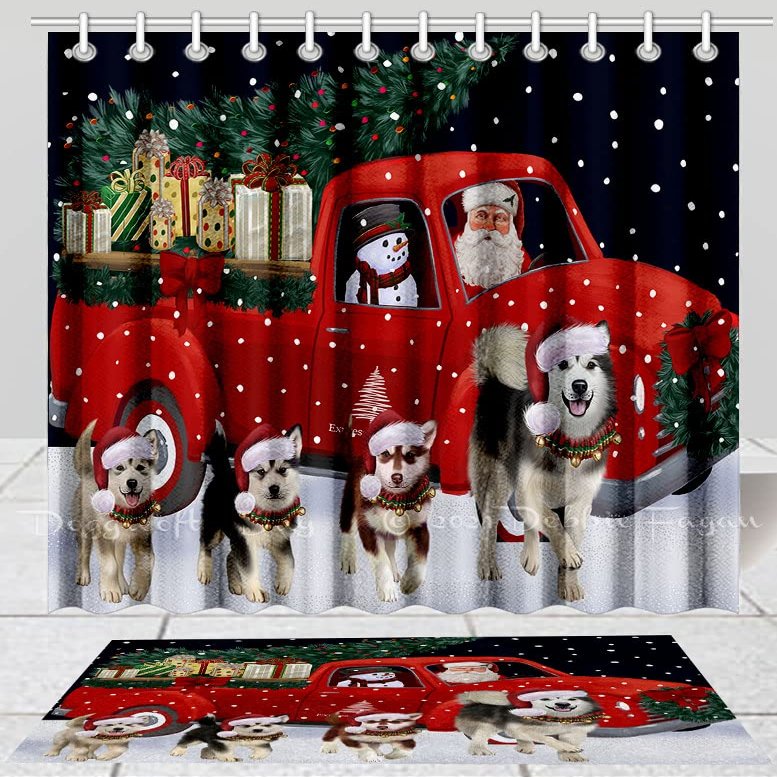 Christmas Express Delivery Red Truck Running Alaskan Malamute Dog Shower Curtain & Bath Mat Combo - Bathroom Decor Plush Rug Mat Polyester Bathtub Curtain Screens, BM 20''x 32'', SC 69"x84"