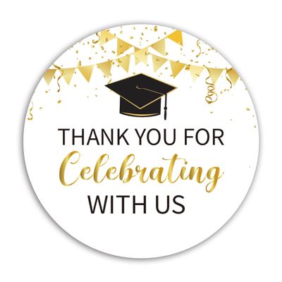2" Gold Graduation Thank You Stickers, 50 Congrats Grad Party Round Favor Sticker Labels.