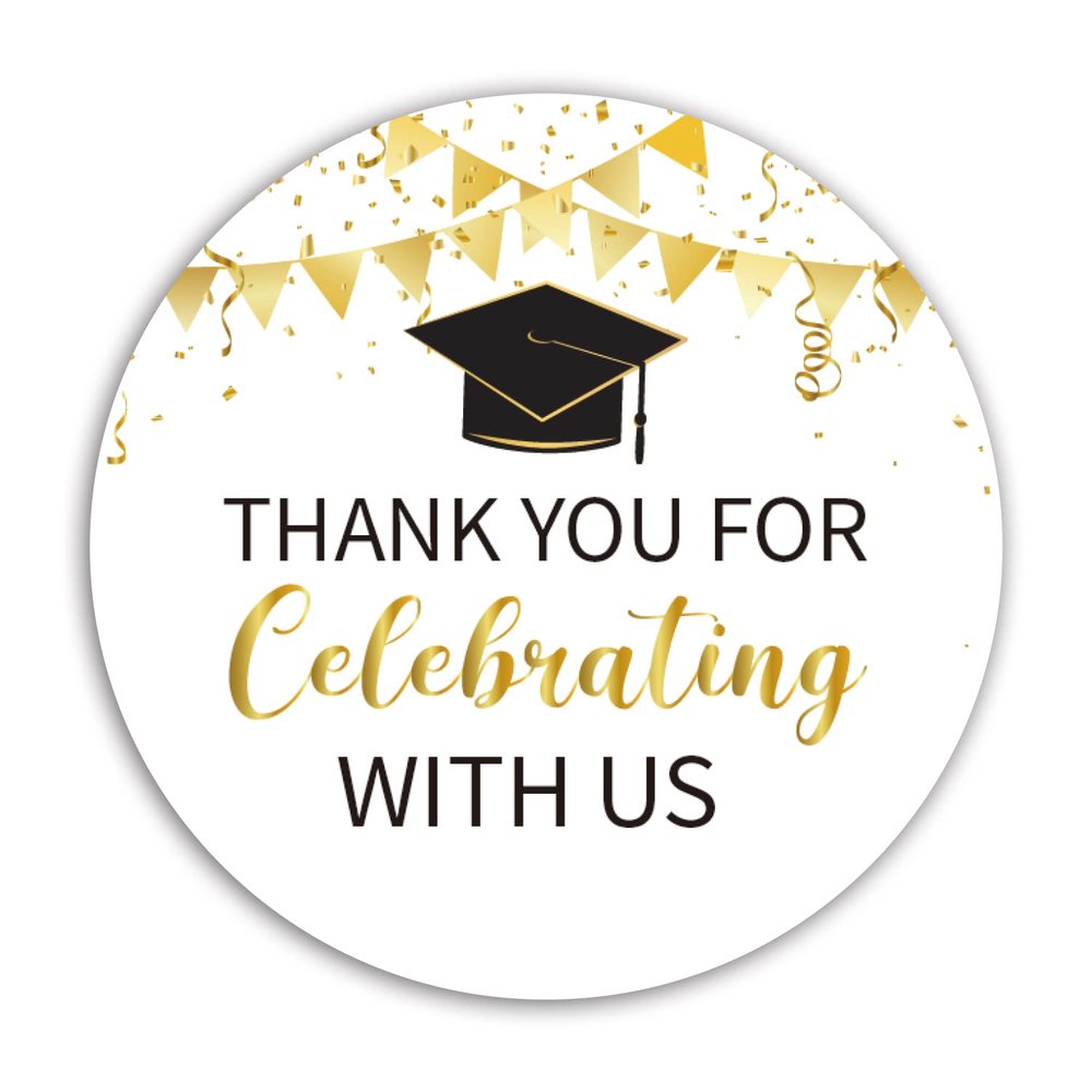 2" Gold Graduation Thank You Stickers, 50 Congrats Grad Party Round Favor Sticker Labels.