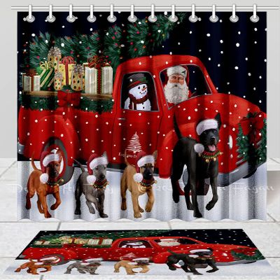 Christmas Express Delivery Red Truck Running Thai Ridgeback Dog Shower Curtain & Bath Mat Combo - Bathroom Decor Plush Rug Mat Polyester Bathtub Curtain Screens, BM 20''x 32'', SC 69"x72"
