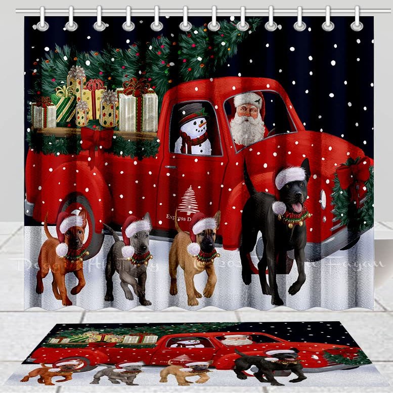Christmas Express Delivery Red Truck Running Thai Ridgeback Dog Shower Curtain & Bath Mat Combo - Bathroom Decor Plush Rug Mat Polyester Bathtub Curtain Screens, BM 20''x 32'', SC 69"x72"