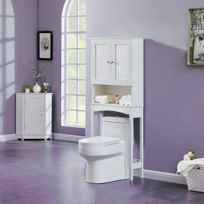 SECARUS Over The Toilet Home Bathroom Organizer with Double Doors Freestanding Wooden Space-Saving Cabinet Multifunctional Storage Toilet Rack Bathroom Furniture White