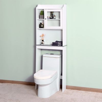 SECARUS Over The Toilet Home Bathroom Organizer with Door Freestanding Wooden Space-Saving Heavy Duty Corner Cabinet (White)