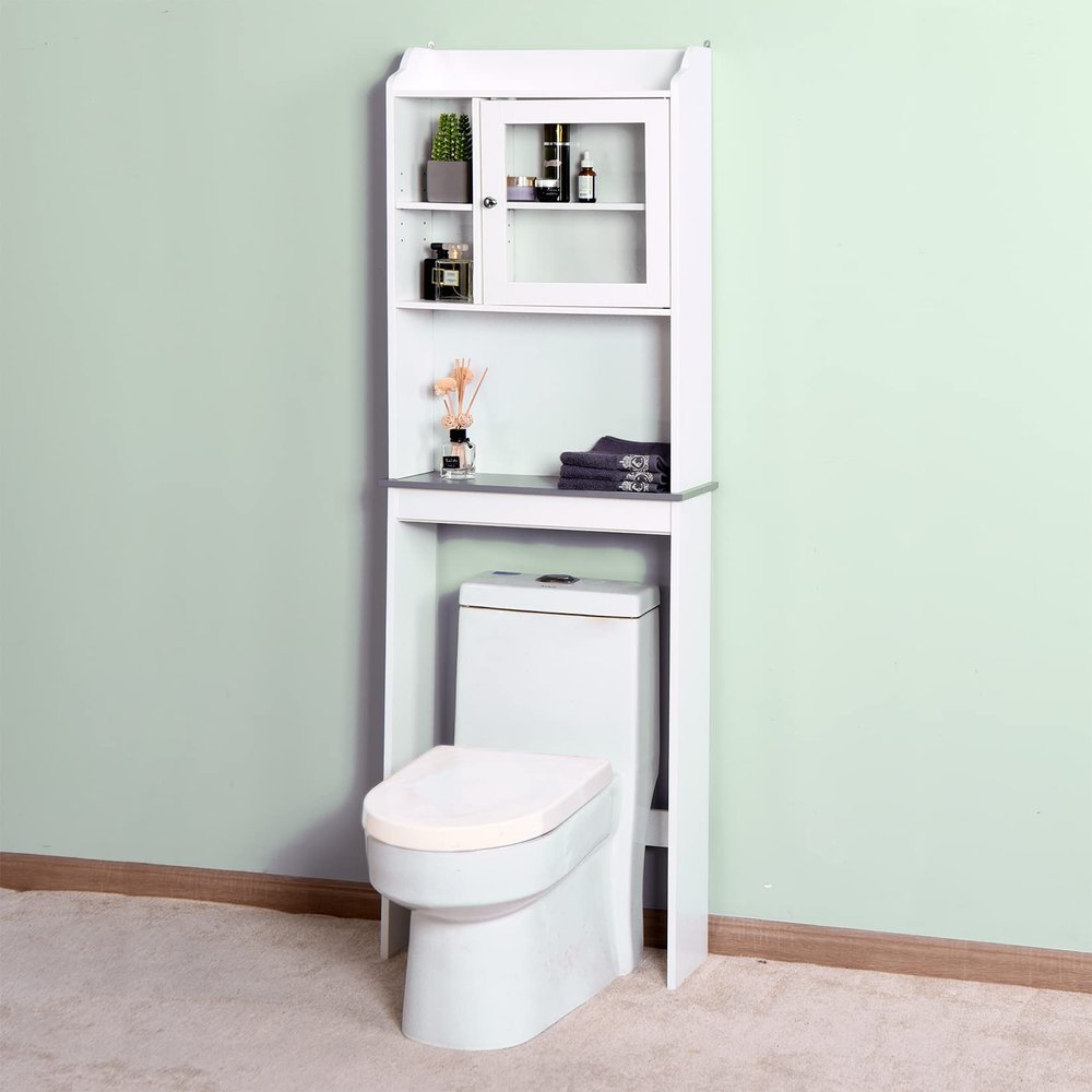 SECARUS Over The Toilet Home Bathroom Organizer with Door Freestanding Wooden Space-Saving Heavy Duty Corner Cabinet (White)