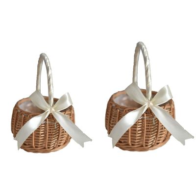 RNCOZE 2 PCS Flower Basket Willow Handwoven Basket, Wedding Flower Girl Baskets with Handle Bowknot and White Plastic Insert Portable Storage Basket for Home Wedding Party Decor(White)