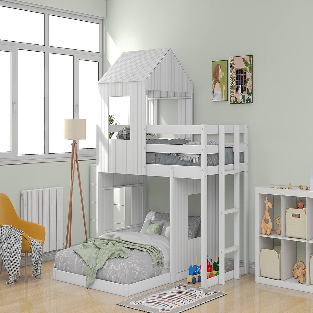 Soild Wood Twin Over Full Bunk Bed for Kids, House Bed Bunk Bed, Loft Bed with Roof/Window/Ladder/Guardrails, Playhouse, Farmhouse Rustic Style Bunk Bed for Bedroom/Dorm