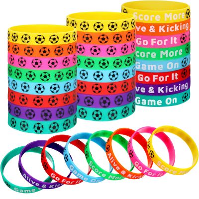 Civaner 48 Pcs Soccer Silicone Bracelets Soccer Motivational Wristband Multicolored Stretch Rubber Bracelets Soccer Party Favors for Sports Events Birthday Party Supplies