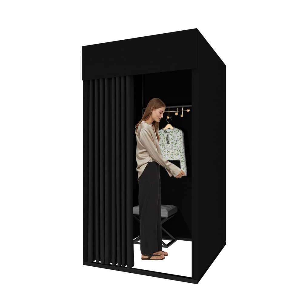 Clothing Store Fitting Room, Movable Square Changing Room, DIY Temporary Locker Room with Metal Landing Track, Privacy Screen Partition for Office Outdoor Activity and The Mall (Black, 39x39x78in)