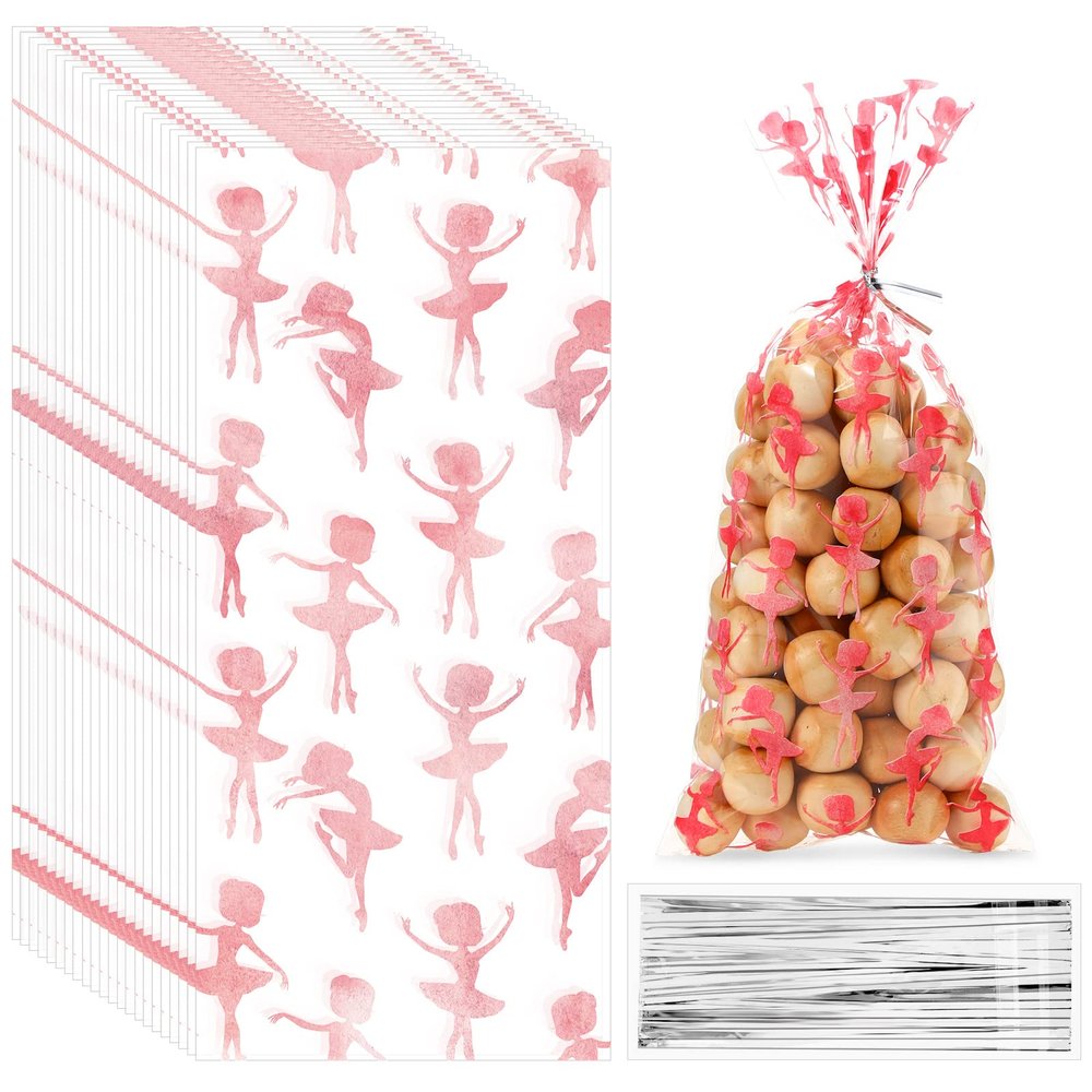 100 Pieces Ballet Cellophane Goody Bags Ballet Girl Plastic Goody Bag Dancing Girls Transparent Candy Bags with 100 Pieces Silver Twist Ties for Ballet Theme Baby Shower Birthday Party Decors, Pink