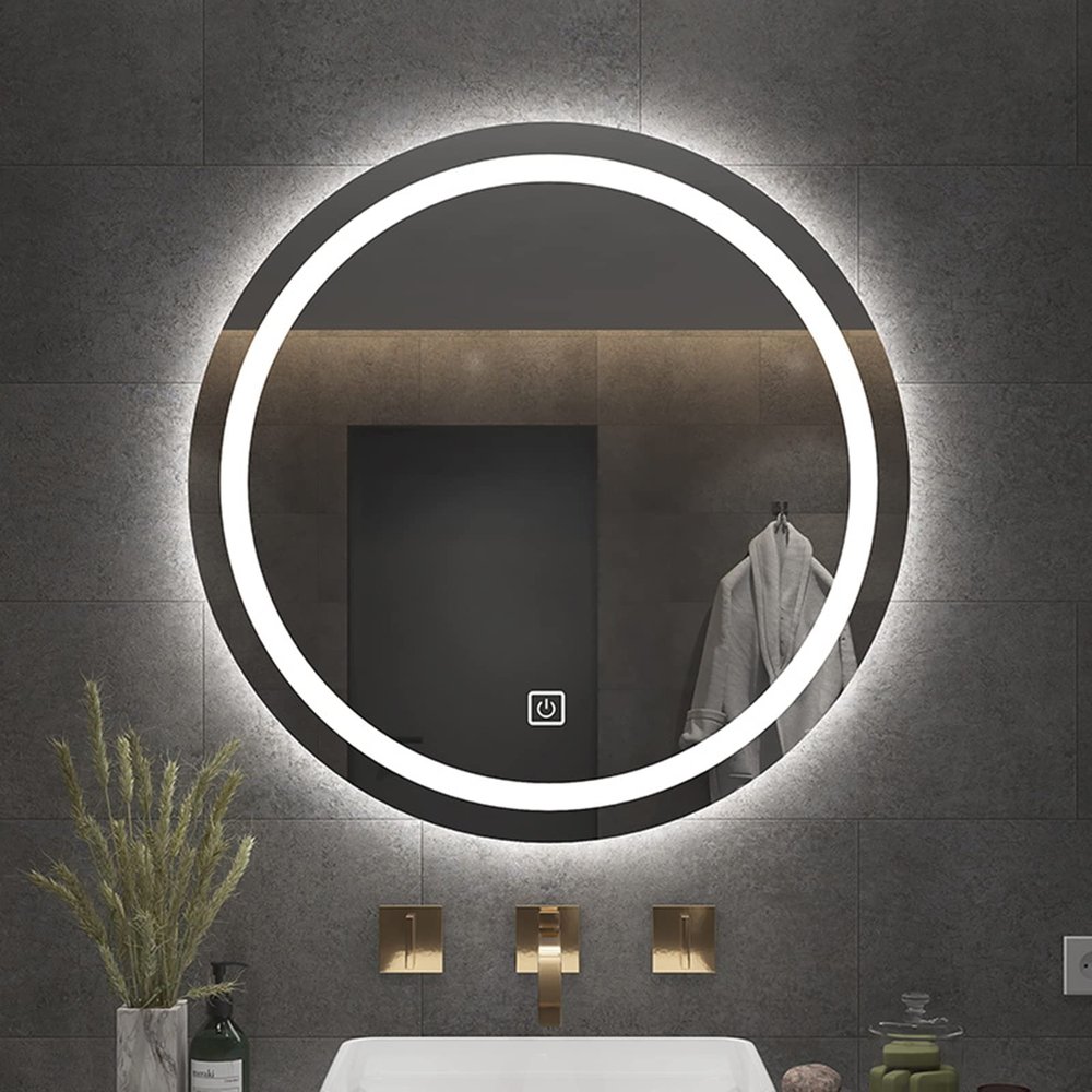 GZPFDQ Wall Mounted LED Illuminated Bathroom Mirror with Touch Button,Round Backlit Vanity Makeup Mirror,Warm/Day/White Light Dimmable,IP44 Waterproof (Color : B, Battery *1 : 40CM/16INCH)