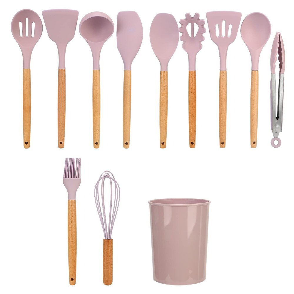 12-Piece Wooden Handle Silicone Cooking Set for Home, Kitchen, and Baking - High Heat Resistant, Non-Stick, Durable