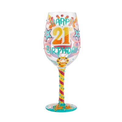 Enesco Designs by Lolita Happy 21st Birthday Hand-Painted Artisan Wine Glass, 15 Ounce, Multicolor