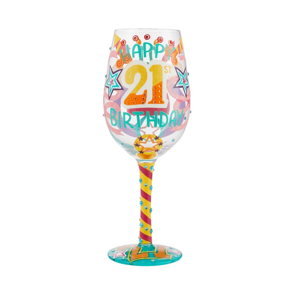 Enesco Designs by Lolita Happy 21st Birthday Hand-Painted Artisan Wine Glass, 15 Ounce, Multicolor