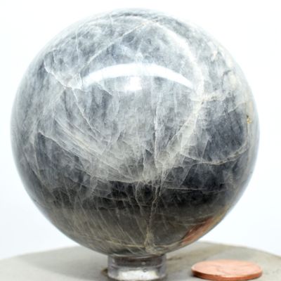 2.6" Black Moonstone Sphere Natural Mineral Ball Sparkling Feldspar Crystal Polished Stone - India + Stand