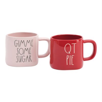 Rae Dunn Ceramic 2 Piece Valentines Mug Set (QT Pie-Red/Give Me Some Sugar-Pink)
