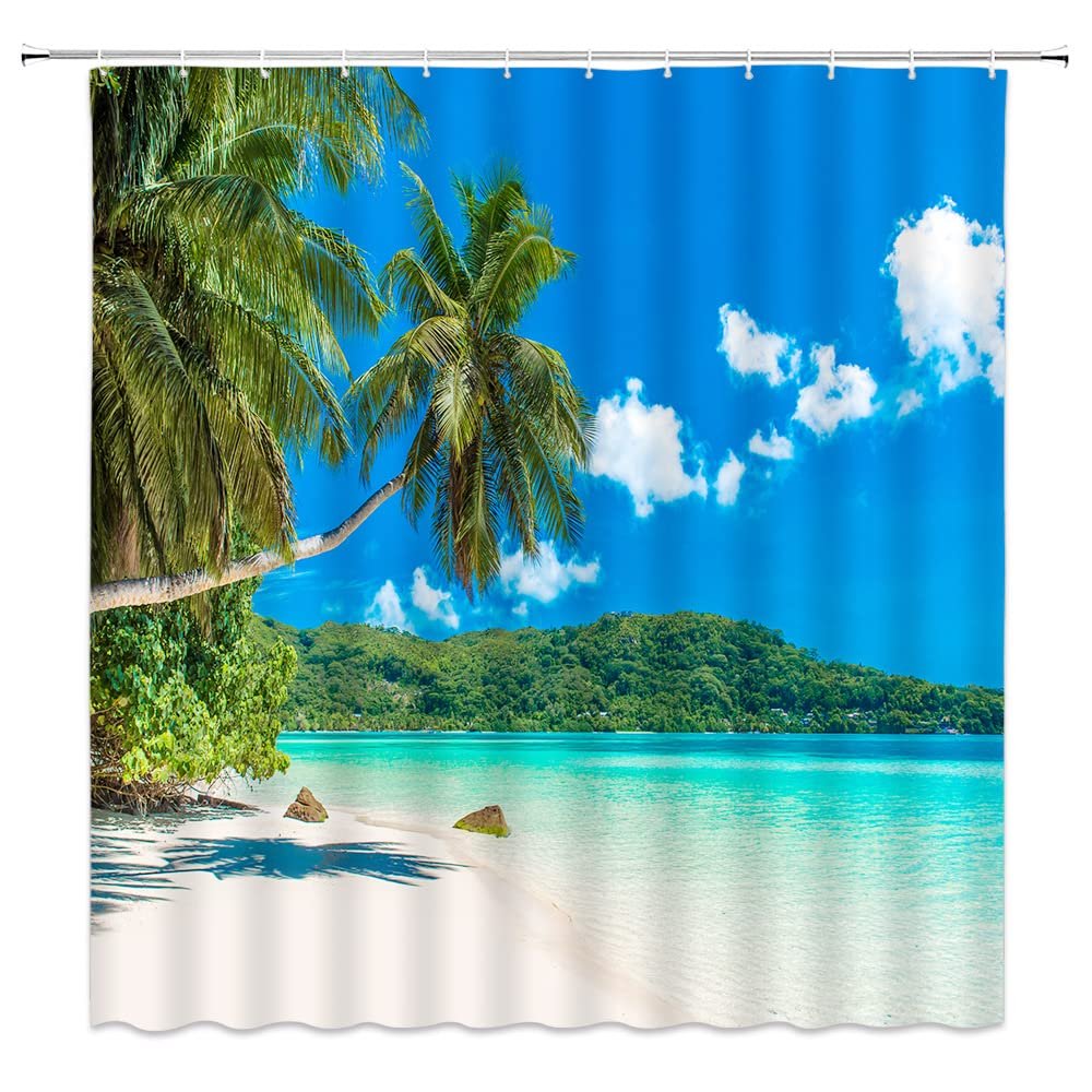Beach Shower Curtain Tropical Ocean Palm Tree Island Seaside Summer Hawaiian Blue Sea Water Sky Coastal Nature Scenery Home Decor Bathroom Fabric Set with Hooks(70" WX70 H)