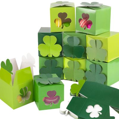 Whaline 24Pcs St. Patrick's Day Treat Boxes with Window 3 Green Color Shamrock Clover Cardboard Box Candy Cookie Boxes for Irish Holiday Party Favors Sweet Goodie Container