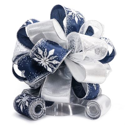 CT CRAFT LLC Blue Snowflake Christmas Tree Topper Bow 11" with 4 Ribbon Streamers x 3 Yards Long Each for Holidy Elegant Fancy Home Dcor Indoor