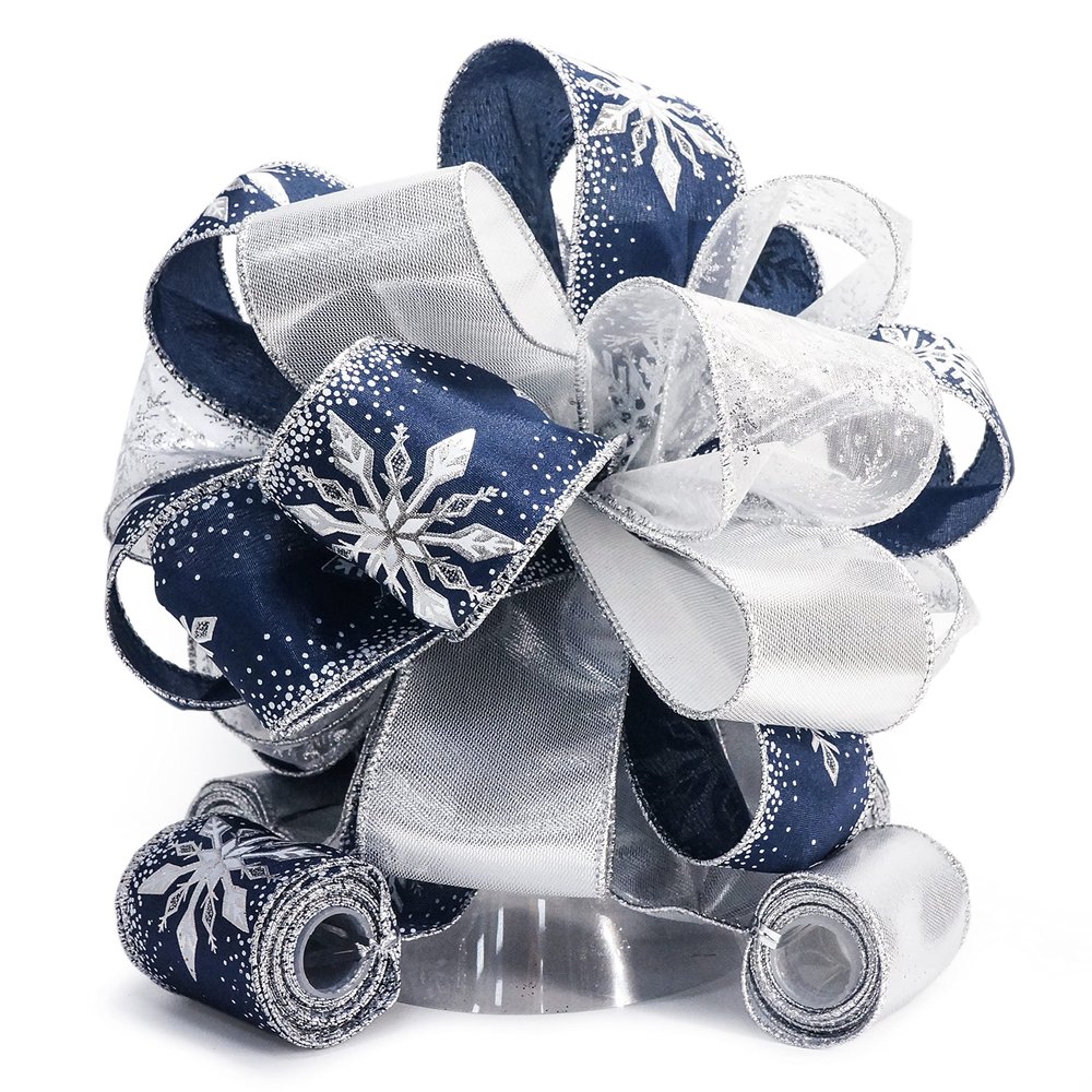 CT CRAFT LLC Blue Snowflake Christmas Tree Topper Bow 11" with 4 Ribbon Streamers x 3 Yards Long Each for Holidy Elegant Fancy Home Dcor Indoor