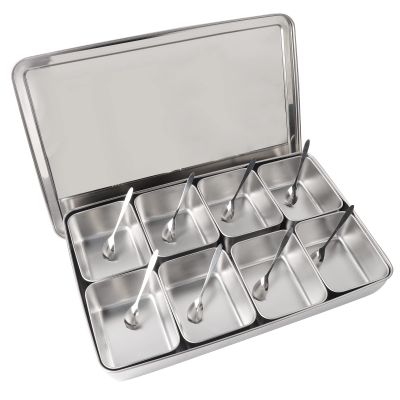 Mumusuki Seasoning Box Set, 8 Grids Stainless Steel Seasoning Rack Pots Condiments Container with Lids and Spoons Divided Serving Tray for Salt Sugar Cruet Nuts Snacks
