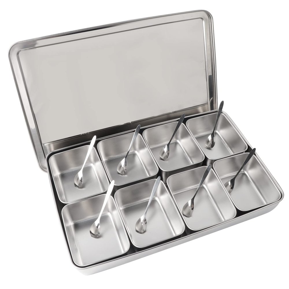 Mumusuki Seasoning Box Set, 8 Grids Stainless Steel Seasoning Rack Pots Condiments Container with Lids and Spoons Divided Serving Tray for Salt Sugar Cruet Nuts Snacks