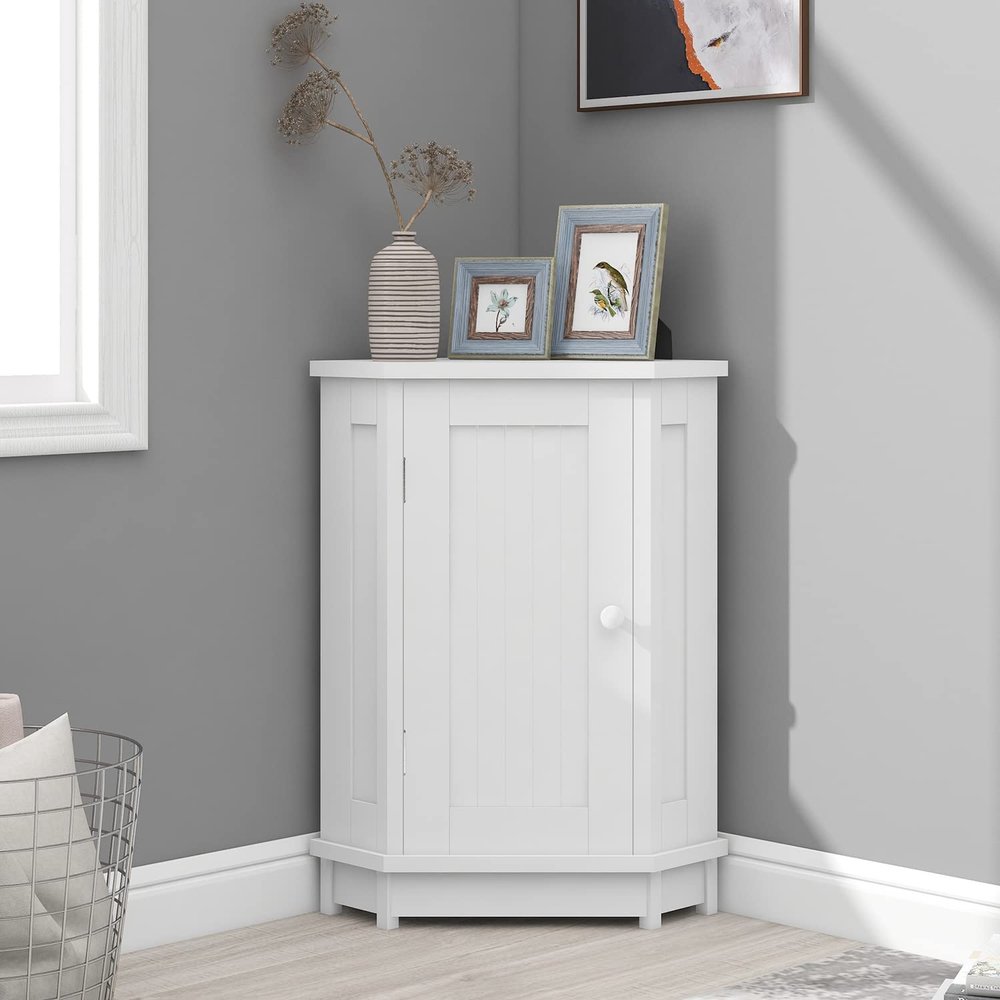 Merax Corner Cabinet White Bathroom Floor Storage with Adjustable Shelves for Kitchen, Living Room