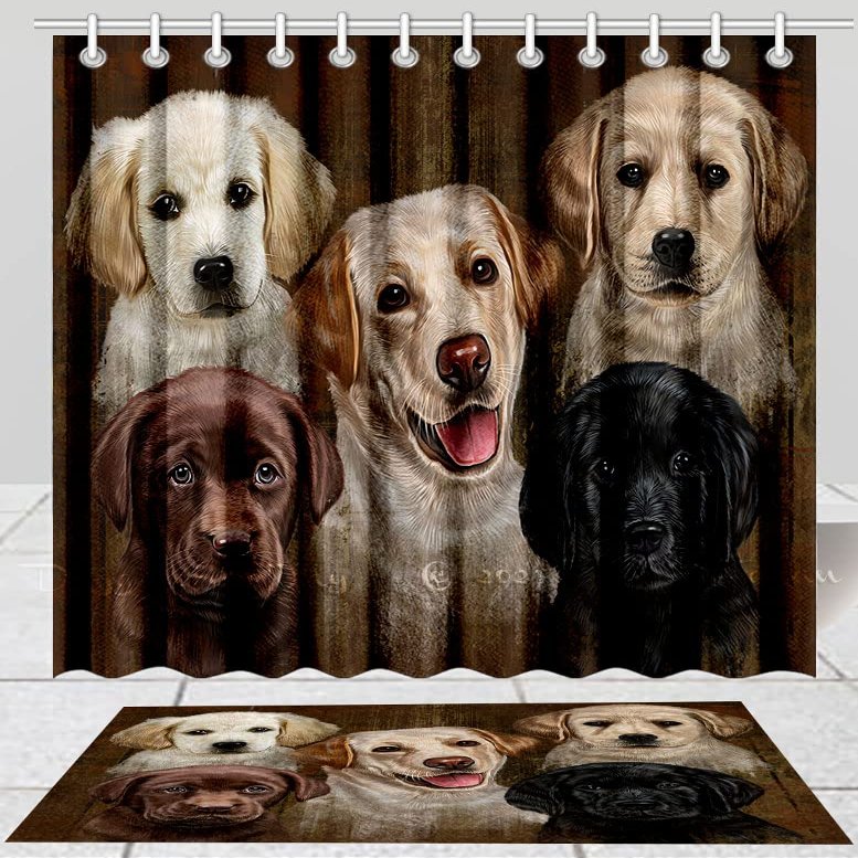 Rustic 5 Labrador Retriever Dogs Bath Mat & Shower Curtain Combo Non-Slip Bathroom Decor Plush Rug Mat Polyester Bathtub Curtain Screens with Hooks (BM 20''x 32'', SC 69"x72")