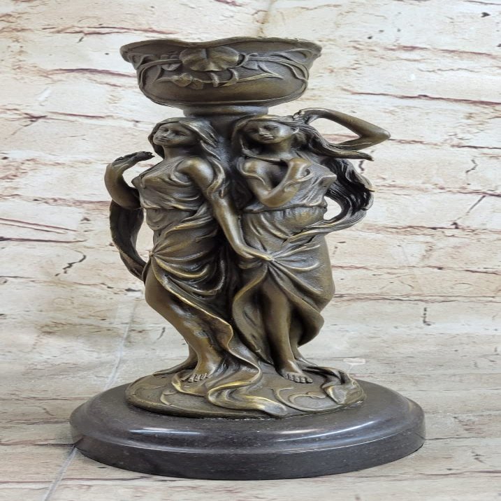 Art Deco Made by Lost Wax Sexy Girls Candle Holder Classic Bronze Artwork Figure