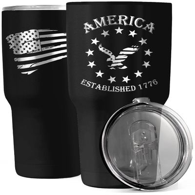 1776 America 30oz Patriotic Tumbler - American Flag Tumbler Travel Mug - Patriotic Coffee Travel Mug - Double Insulated 30oz Tumbler - Engraved in the USA - (America 1776)