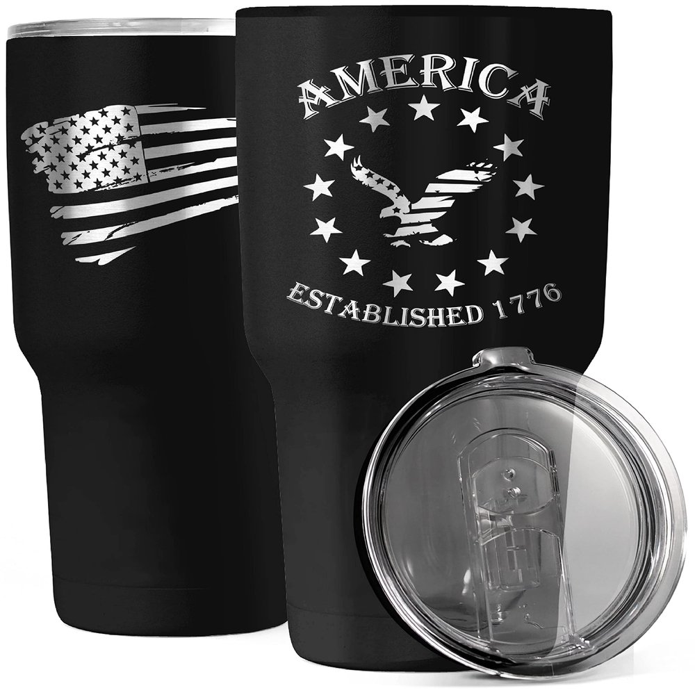 1776 America 30oz Patriotic Tumbler - American Flag Tumbler Travel Mug - Patriotic Coffee Travel Mug - Double Insulated 30oz Tumbler - Engraved in the USA - (America 1776)