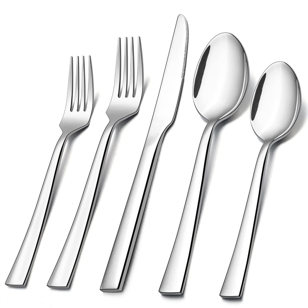 10-Piece Silverware Set, E-far Stainless Steel Flatware Set Service for 2, Modern Tableware Cutlery Set for Home and Restaurant, Square Edge & Mirror Finish, Dishwasher Safe