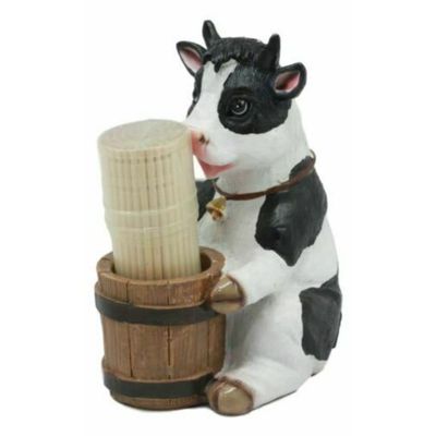 Farm Bovine Holstein Cow Wood Barrel Toothpick Holder with Toothpicks