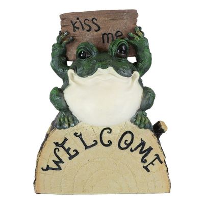 12" H Green Frog Prince Holding 'Kiss Me' and 'Welcome' Sign