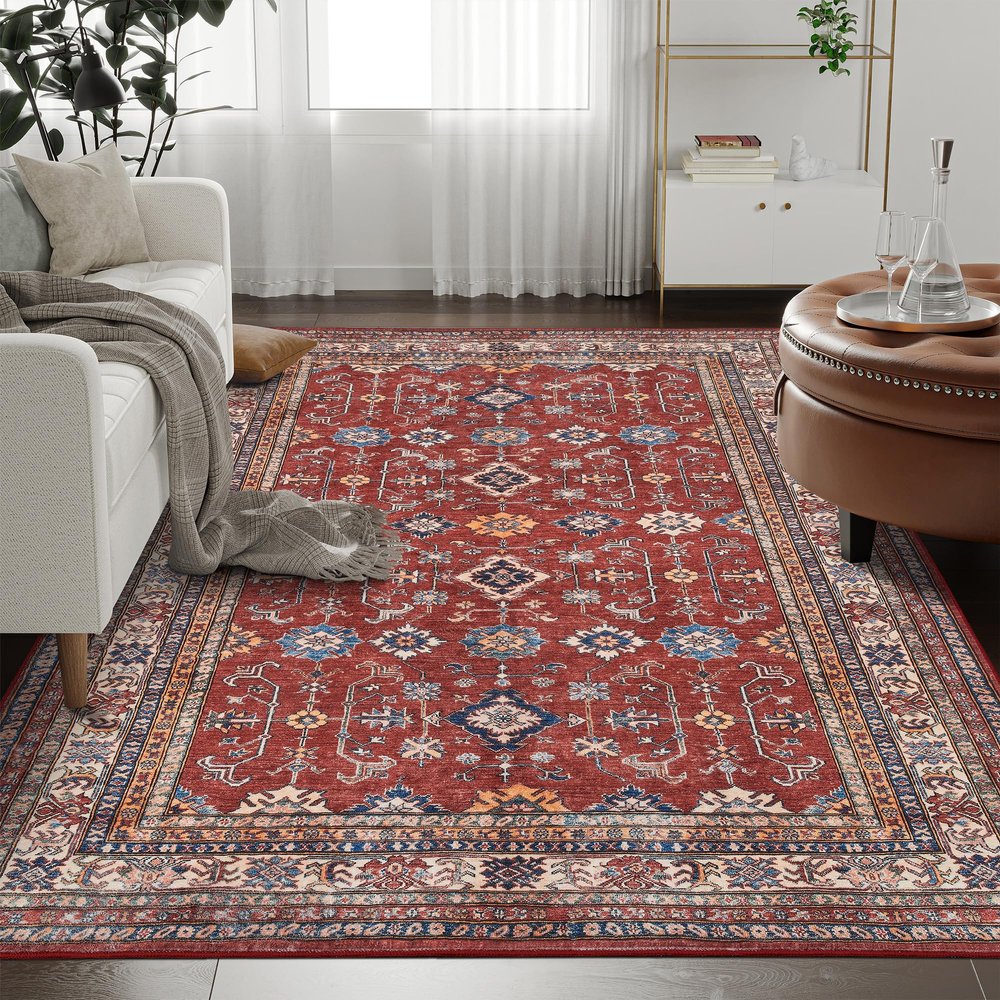Rugland 5x7 Area Rugs - Stain Resistant Washable Rugs 5x7, Anti Slip Backing Low Pile Rugs for Living Room, Bedroom, Vintage Tribal Area Rugs, Burgundy