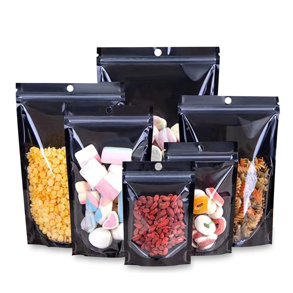 100 Pack Mylar Bags Smell Proof Bags, Resealable Stand Up Food Storage Bags Packaging Foil Pouch Bag with Clear Front Window for Cookies, Snack, Jewelry (8x12+4inch)