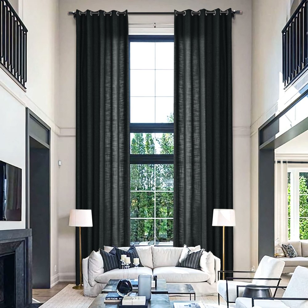 Fcosie Extra Long Curtains 10-24 ft Length, Natural Linen Blend Drapes for High Living Room Bedroom Loft, Privacy High Ceiling Drapery with Grommet Top, 1 Panel, 50" Wx168 L, Black
