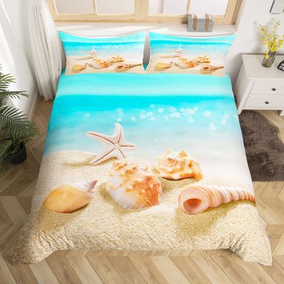 Blue Ocean Duvet Cover Set Twin Size,Seashell Starfish Bedding Set 2pcs for Kids Teens Girls Room Decor, Summer Beach Comforter Cover Hawaiian Vacation Quilt Cover with 1 Pillowcase