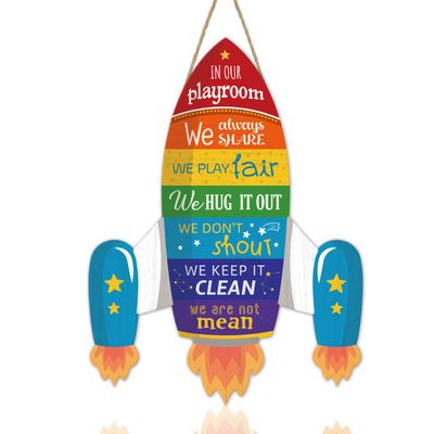 IARTTOP Cartoon Universe Rocket Wood Sign for Playroom Rule Wooden Hanging, Funny Outer Space Wall Decor for Boy Room, Universe Space Wall Art Door Sign, Rocket Shape Nursery Art Kids Game Room Decor