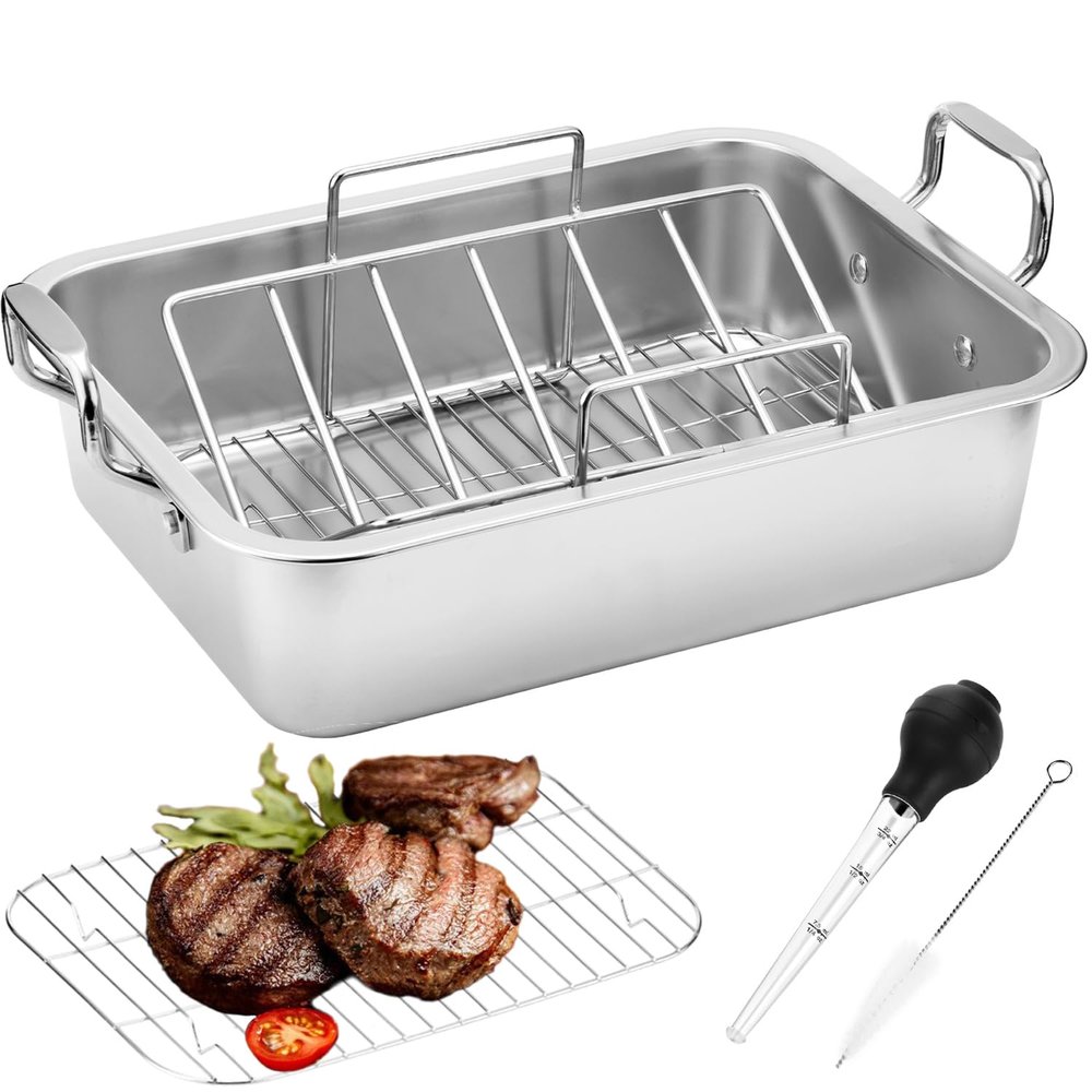 15 Inch Stainless Steel Roasting Pan with V-Shaped Rack and Turkey Baster - Rectangular Roaster for Turkey, Chicken, Vegetables - Fits 20lb Turkey