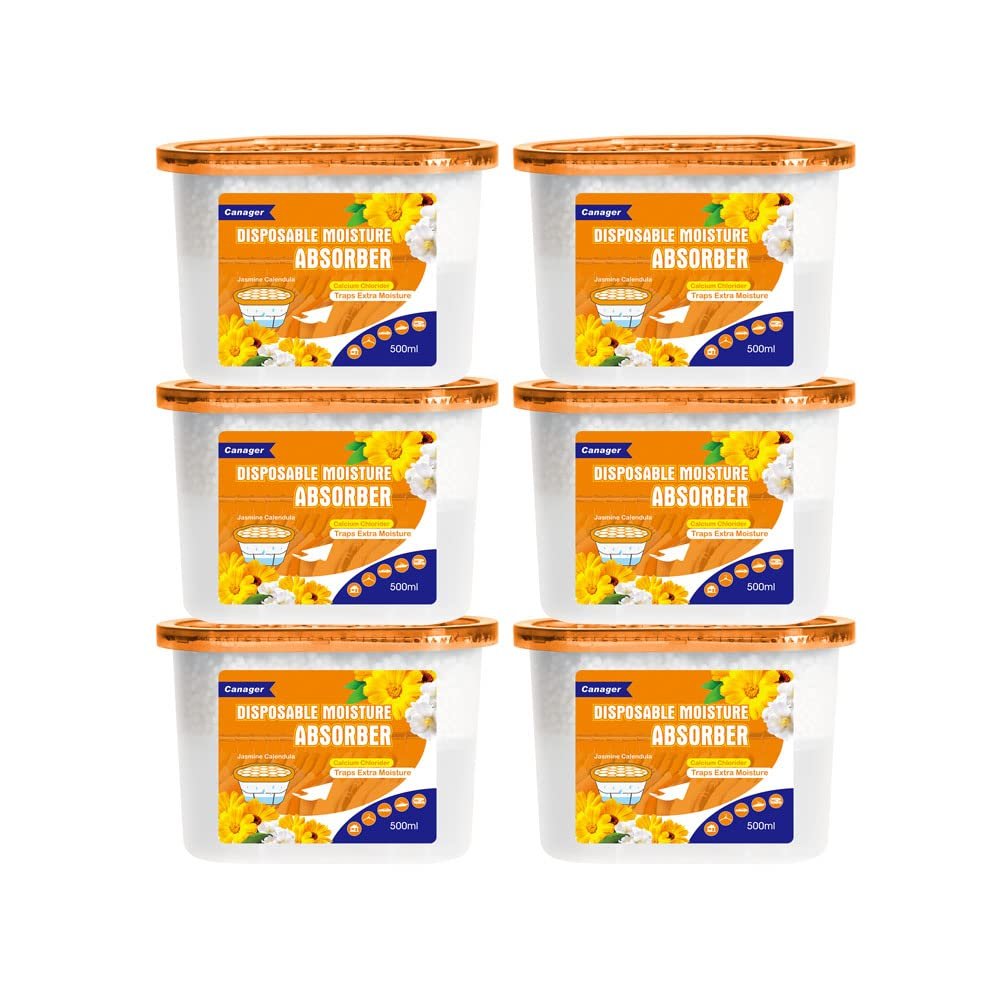 CANAGER Moisture Absorber Box - 6 Packs, 12.5 oz Cup, Jasmine Calendula, Odor Eliminator and Dehumidifier for Closet, Bedroom and Kitchen.