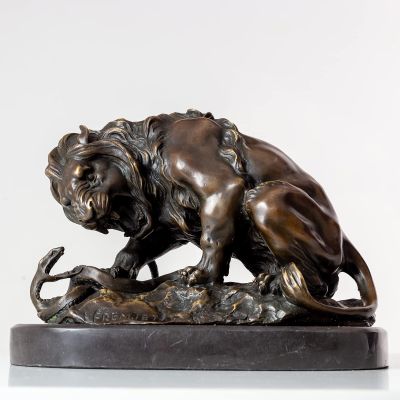 YouFine 100% Bronze Statue Sculpture Bronze Animal Home Decor 10.2" L Figurines of Fight Between Lion and Snake