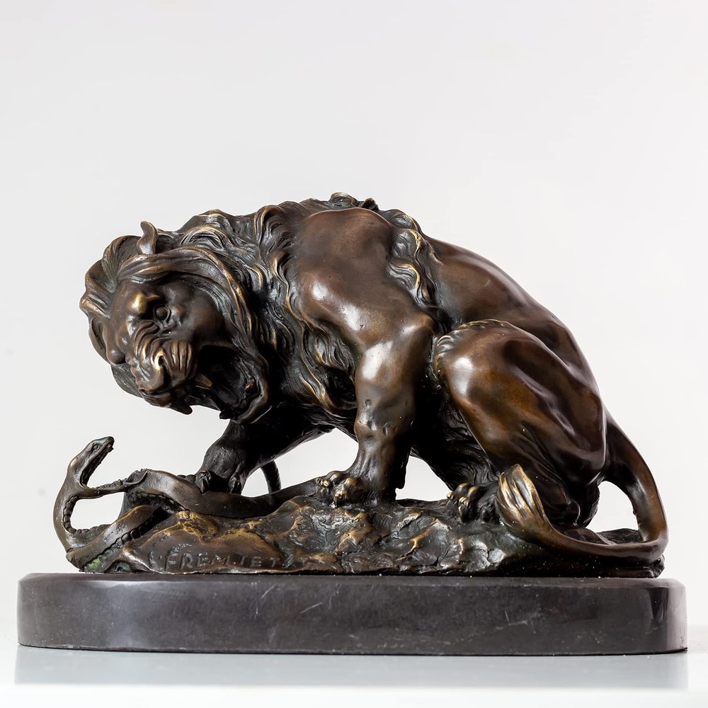 YouFine 100% Bronze Statue Sculpture Bronze Animal Home Decor 10.2" L Figurines of Fight Between Lion and Snake