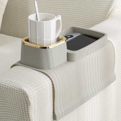 Couch Cup Holder Tray, Elimiko Silicone Anti-Spill and Anti-Slip Couch Drink Holder, Strong and Weighted Phone/Remote/Snacks Sofa Cup Holder (Griege)