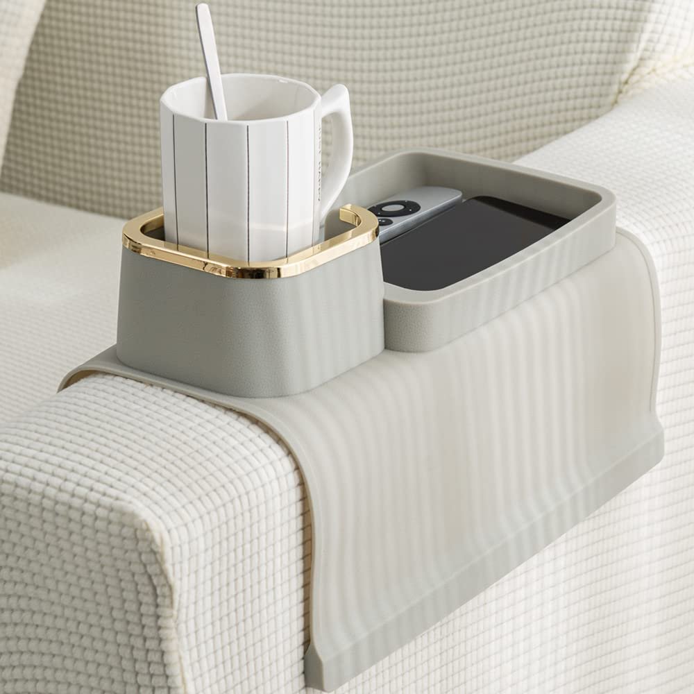 Couch Cup Holder Tray, Elimiko Silicone Anti-Spill and Anti-Slip Couch Drink Holder, Strong and Weighted Phone/Remote/Snacks Sofa Cup Holder (Griege)