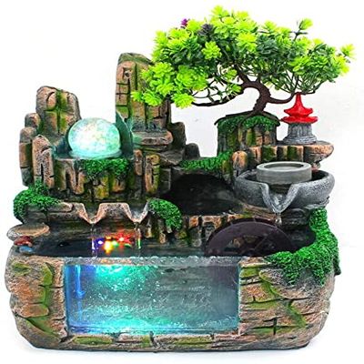 DNYSYSJ Tabletop Fountain,Small Rockery Waterscape Decor|Desktop Fountain Waterfall ATO-mizer with LED Light|Tabletop Sim-ulation R-esin Rockery Water Fountain Bonsai