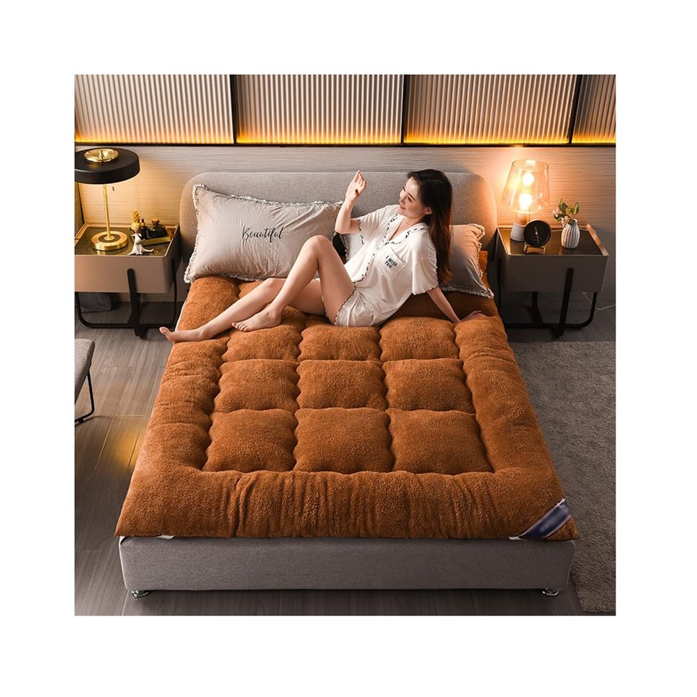 Plush Futon Mattress Floor Mattress Twin Mattress Topper Down Alternative Pillow Topper 10cm Thick Mattress Pad Thicken Sleeping Pad Foldable Roll Up(Brown,90X200cm)